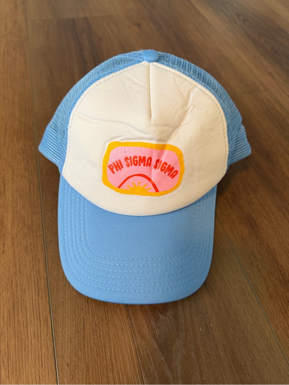 Phi Sigma Sigma Blue & Cream Trucker Hat with Colorful Patch